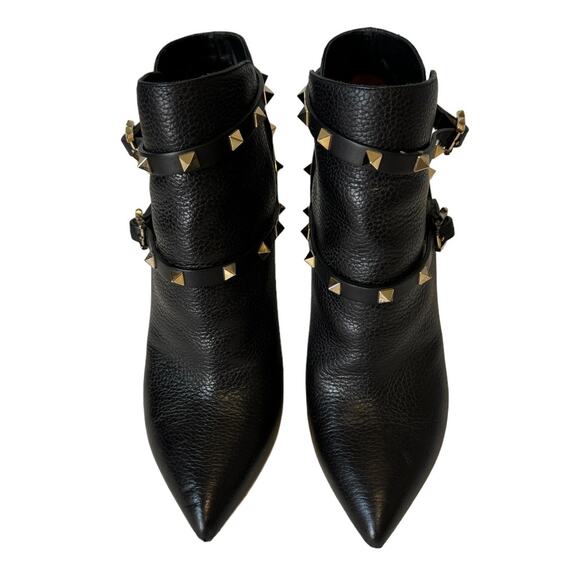 Valentino Garavani Black Pebbled Leather Rockstud Ankle Boots Size 40 Gold Studs - Picture 5 of 14
